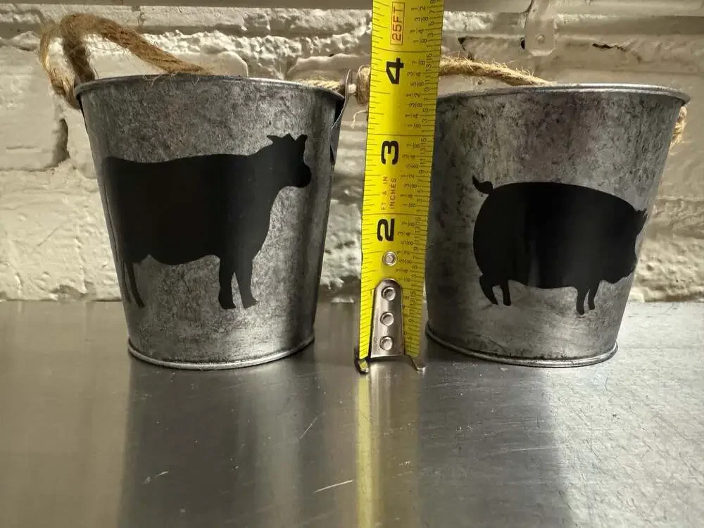 Rustic Galvanized Metal Farm Animal Buckets with Rope Handles - Cow and Pig Set